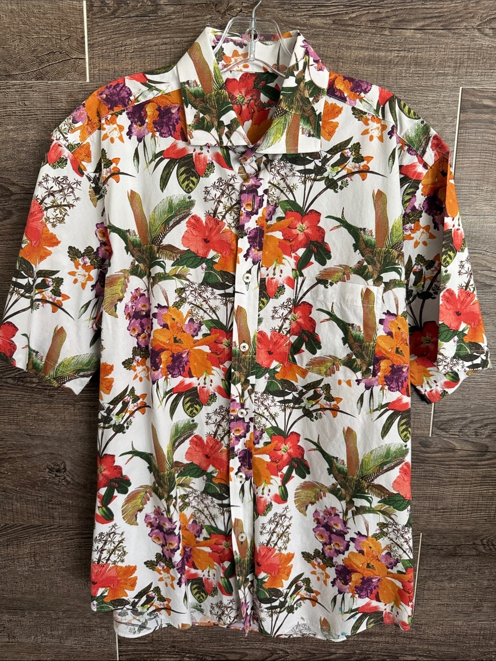 Alan Flusser White Tropical Floral Short Sleeve Button-Down